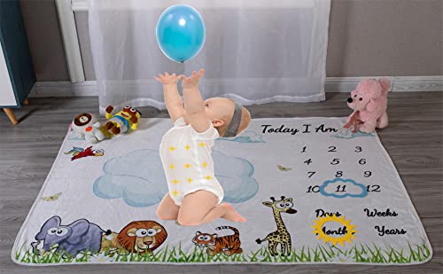vmaisi Baby Milestone Blanket Gifts - Newborn Boy & Girl Monthly Year Infant Growth Blankets Nursery Swaddling Blankets (Green Animals - Baby, Double Printed)