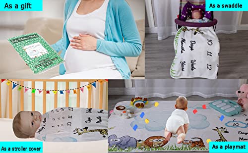 vmaisi Baby Milestone Blanket Gifts - Newborn Boy & Girl Monthly Year Infant Growth Blankets Nursery Swaddling Blankets (Green Animals - Baby, Double Printed)