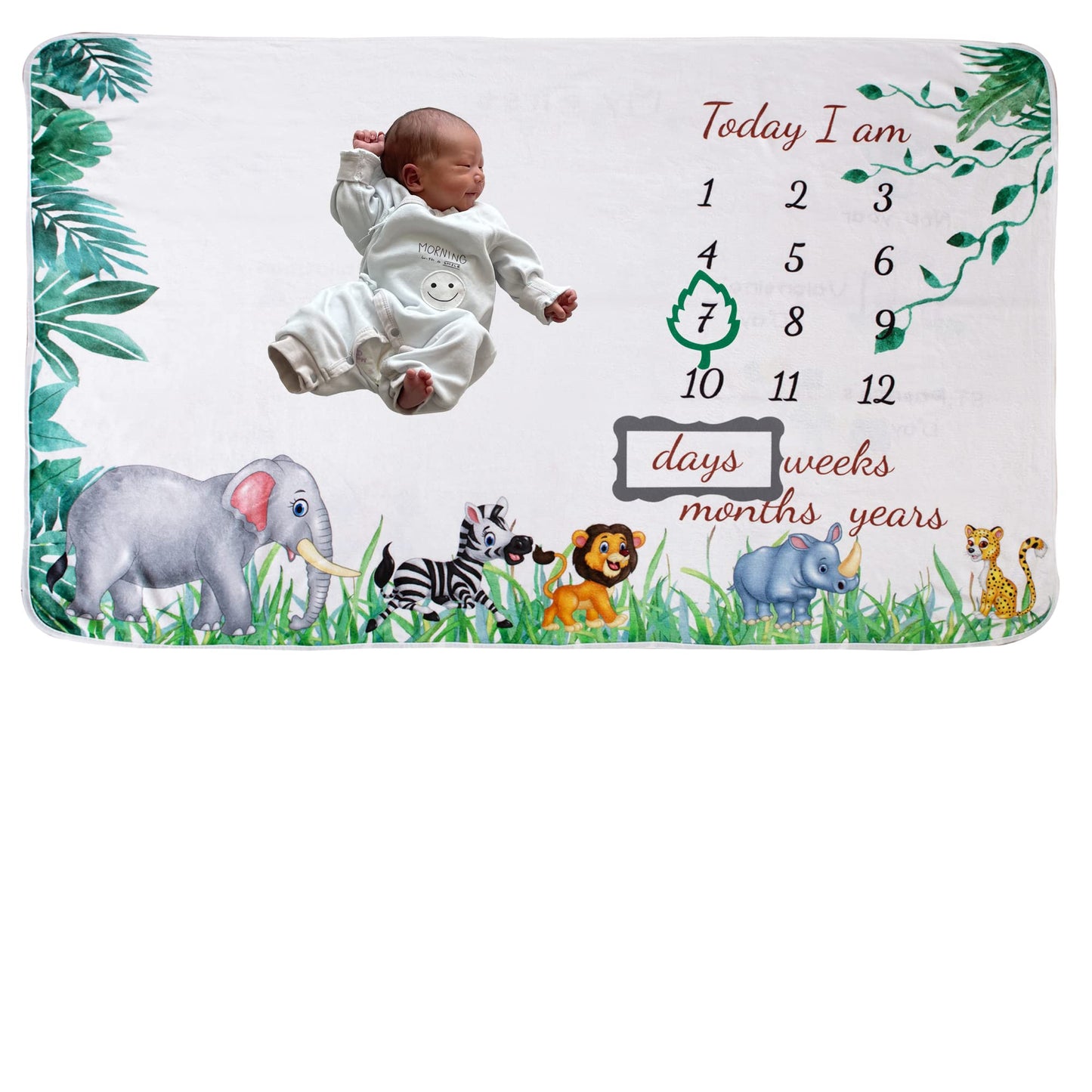 vmaisi Baby Milestone Blanket Gifts - Newborn Boy & Girl Monthly Year Infant Growth Blankets Nursery Swaddling Blankets (Green Animals - Baby, Double Printed)