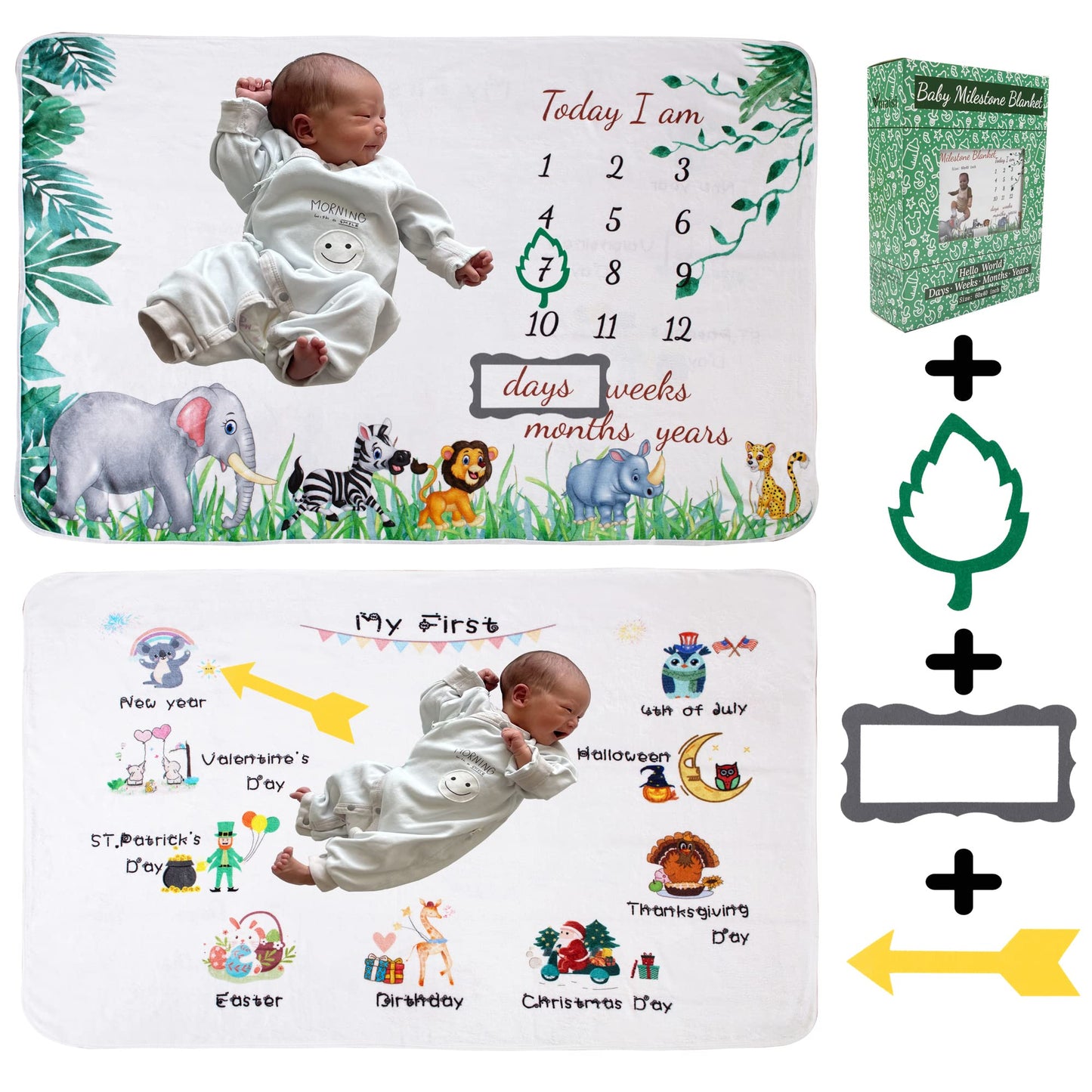 vmaisi Baby Milestone Blanket Gifts - Newborn Boy & Girl Monthly Year Infant Growth Blankets Nursery Swaddling Blankets (Green Animals - Baby, Double Printed)