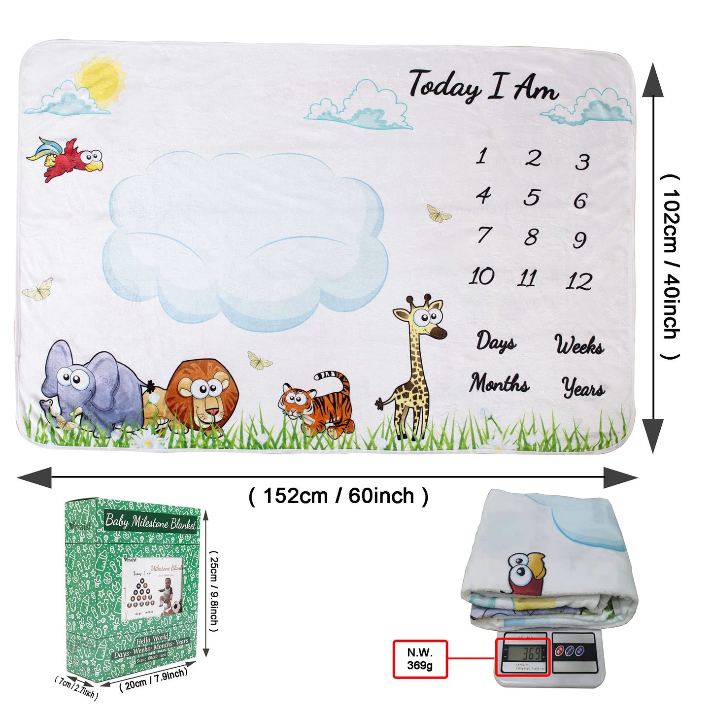 vmaisi Baby Milestone Blanket Gifts - Newborn Boy & Girl Monthly Year Infant Growth Blankets Nursery Swaddling Blankets (Green Animals - Baby, Double Printed)