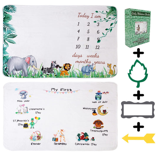 vmaisi Baby Milestone Blanket Gifts - Newborn Boy & Girl Monthly Year Infant Growth Blankets Nursery Swaddling Blankets (Green Animals - Baby, Double Printed)